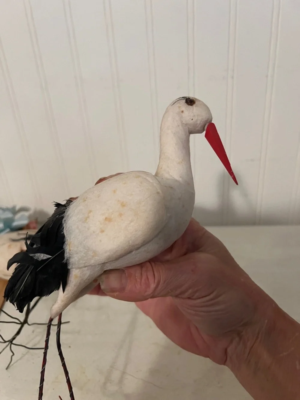 Antique Vintage Spun Cotton Stork Bird Christmas Ornament Germany 1930s plus